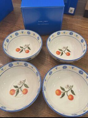 Pottery Barn Mark D Sikes Valencia Vine Cereal Bowls Set of 4 Blue White NEW Box